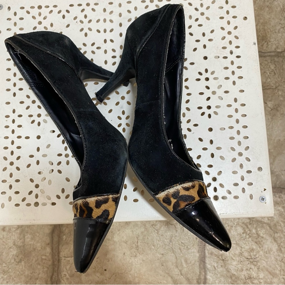 Black Suede Pointed-Toe Heels with Leopard Trim